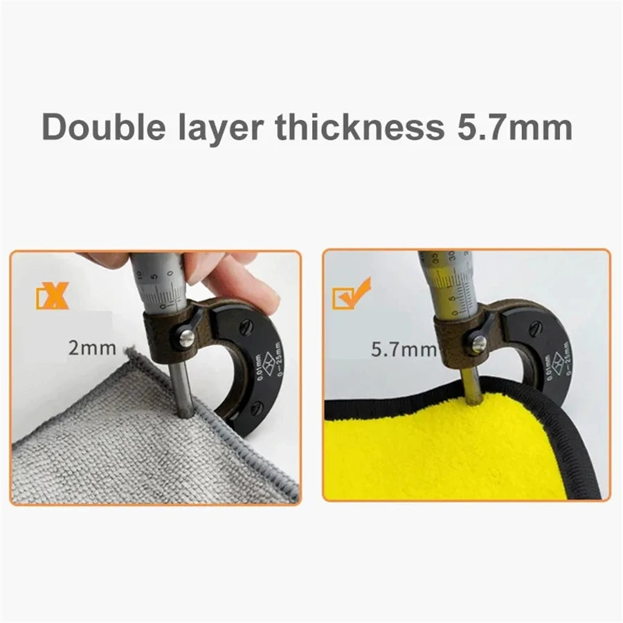 Comparison of microfiber towel thickness showing a standard 2mm layer versus an upgraded double-layer 5.7mm design with close-up caliper measurements