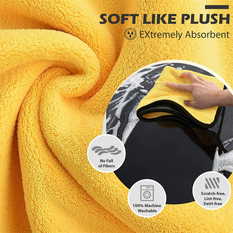 Yellow plush microfiber towel shown with close-up texture, highlighting extreme absorbency and features like no fiber fall, machine washable, and lint-free performance